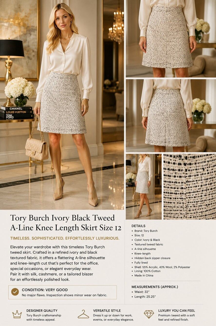 Tory Burch Ivory Black Tweed A-Line Knee Length Skirt Wool Blend Size 12 Chic